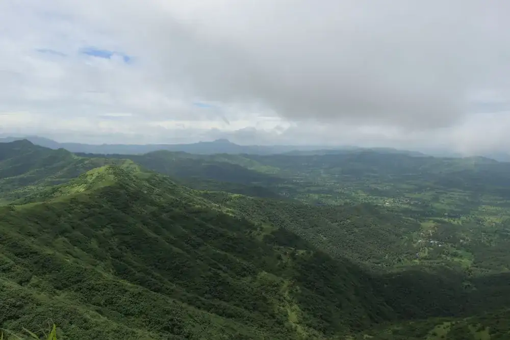 Green Sahyadri ridges seen from Sinhagad near Pune