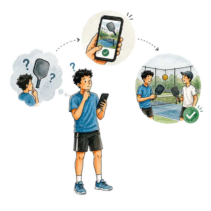 Someone unsure about trying pickleball finds a game on OutFindr and ends up playing on court with a new partner